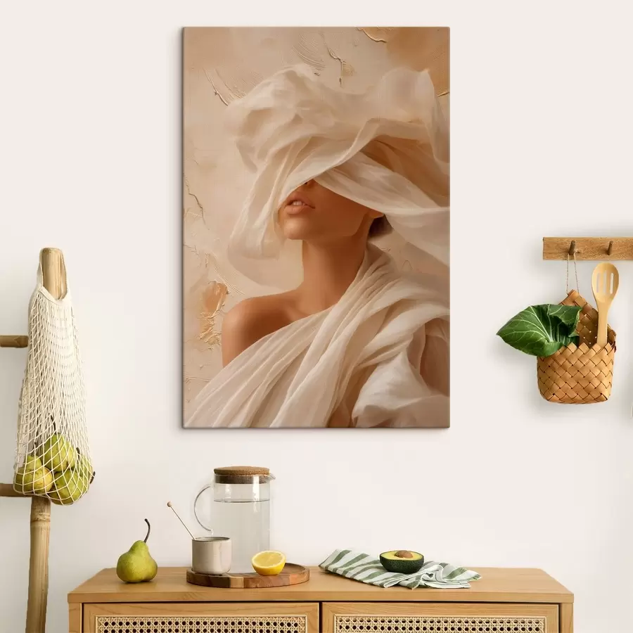 Tableau Portrait drapé d'un tissu transparent sous un éclairage tamisé s49966