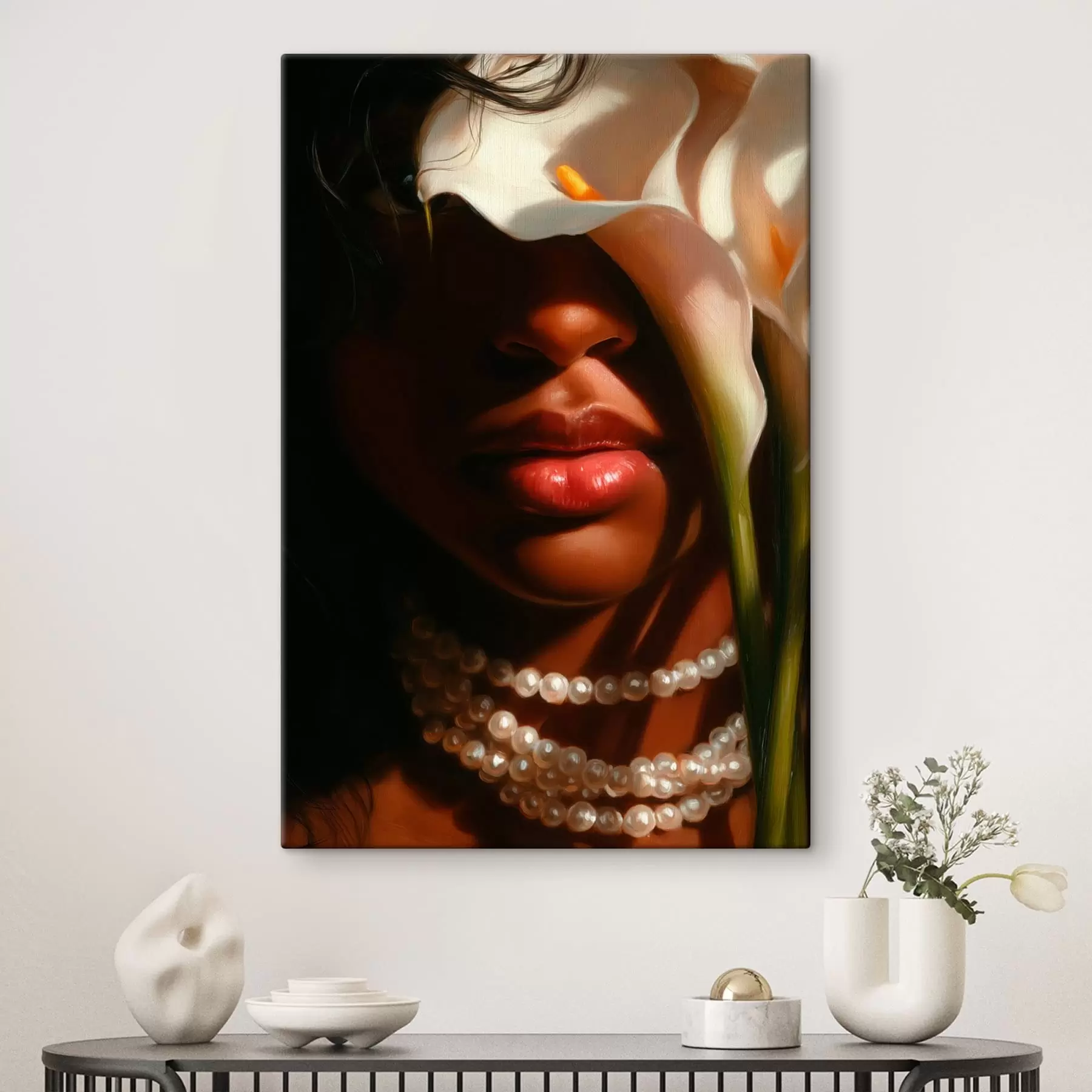 Tableau Portrait avec des fleurs blanches et un collier de perles s49978