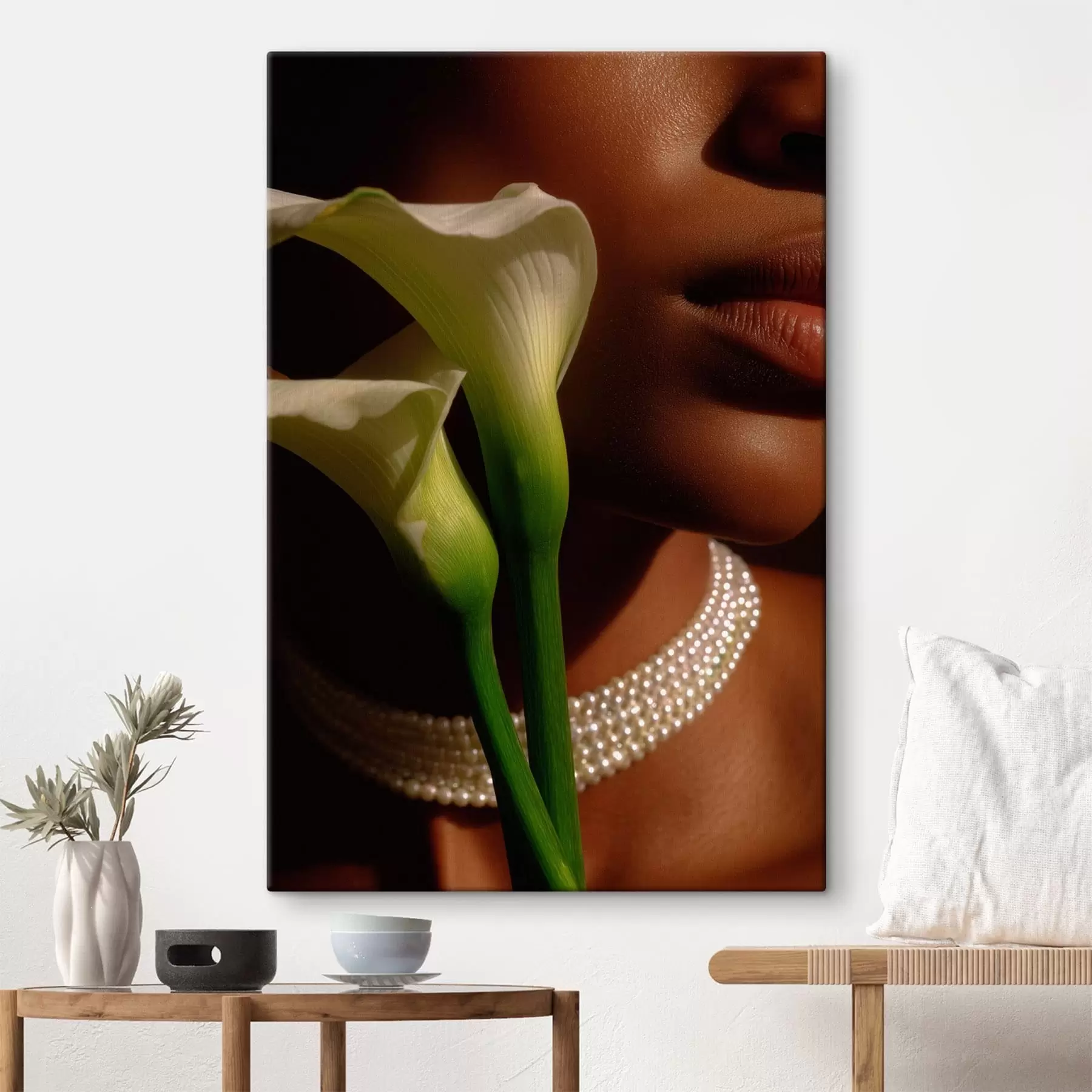 Tableau Portrait avec des fleurs blanches dans une lumière douce s49980