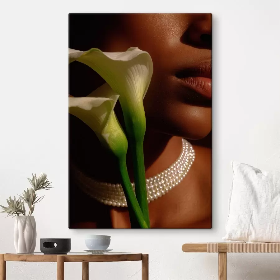 Tableau Portrait avec des fleurs blanches dans une lumière douce s49980