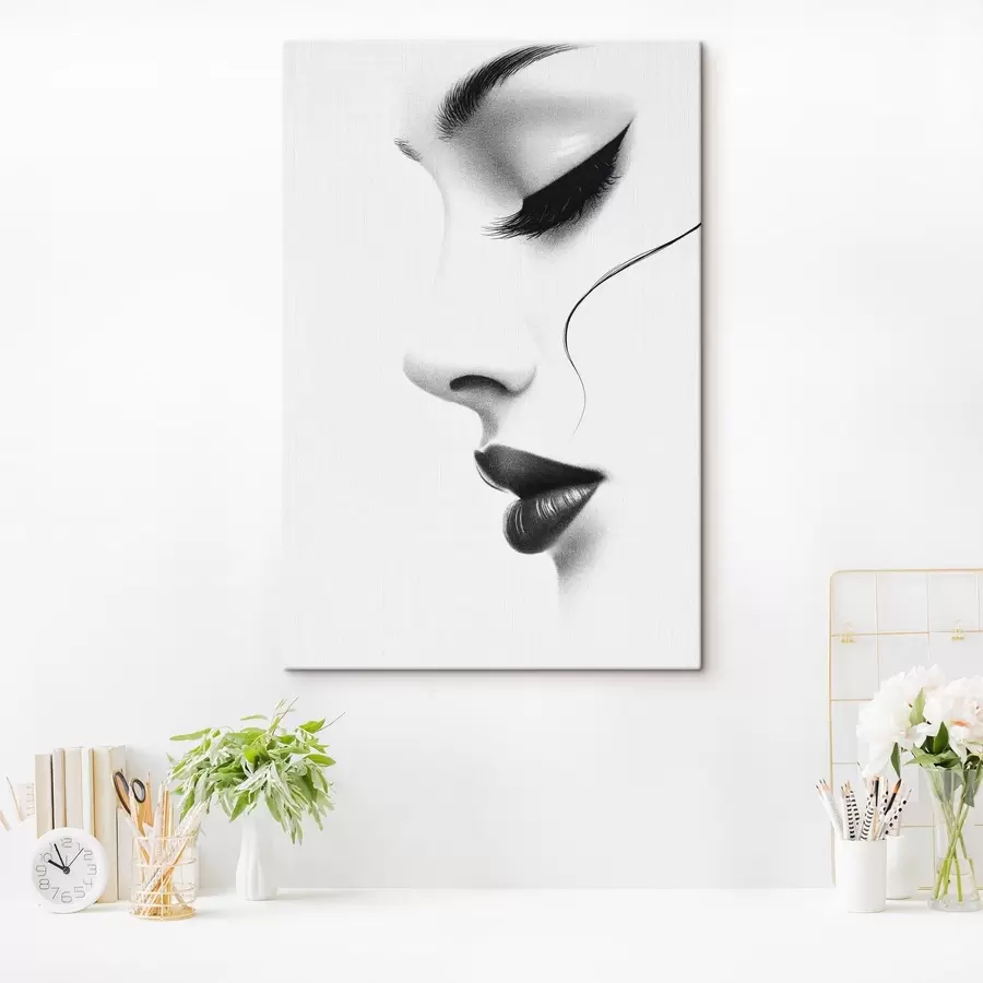 Tableau Portrait minimaliste d'une femme en noir et blanc s49982