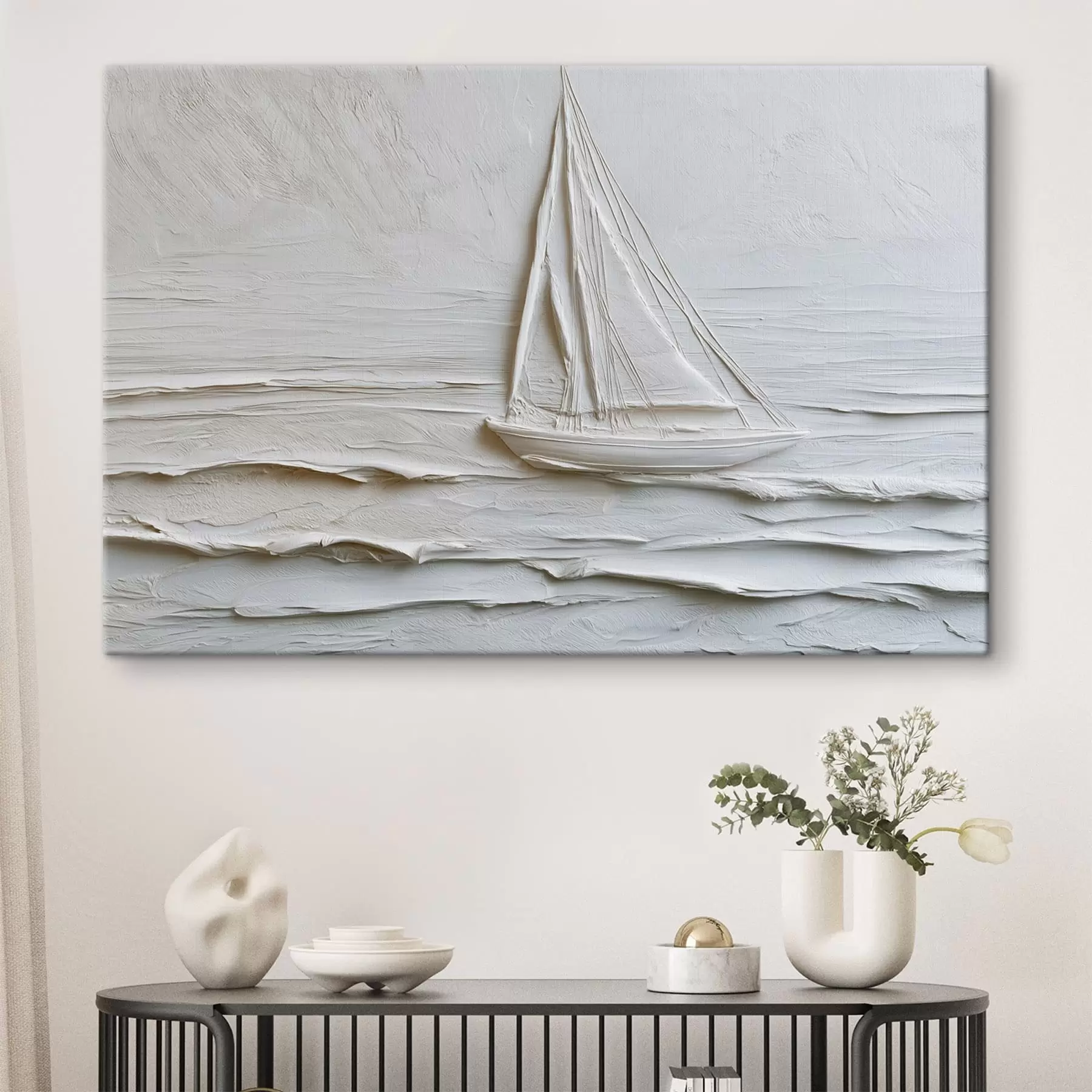 Tableau Voilier minimaliste en mer avec effet de relief s49984