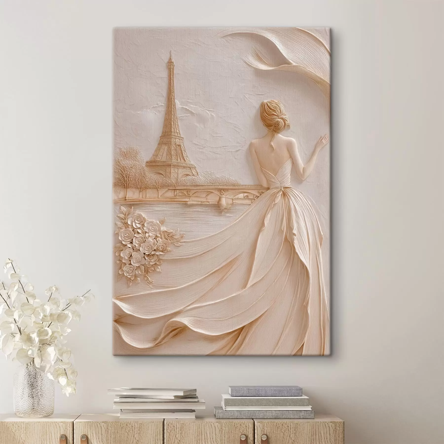 Tableau Composition représentant une femme près d'une tour célèbre, avec un effet de relief s49985