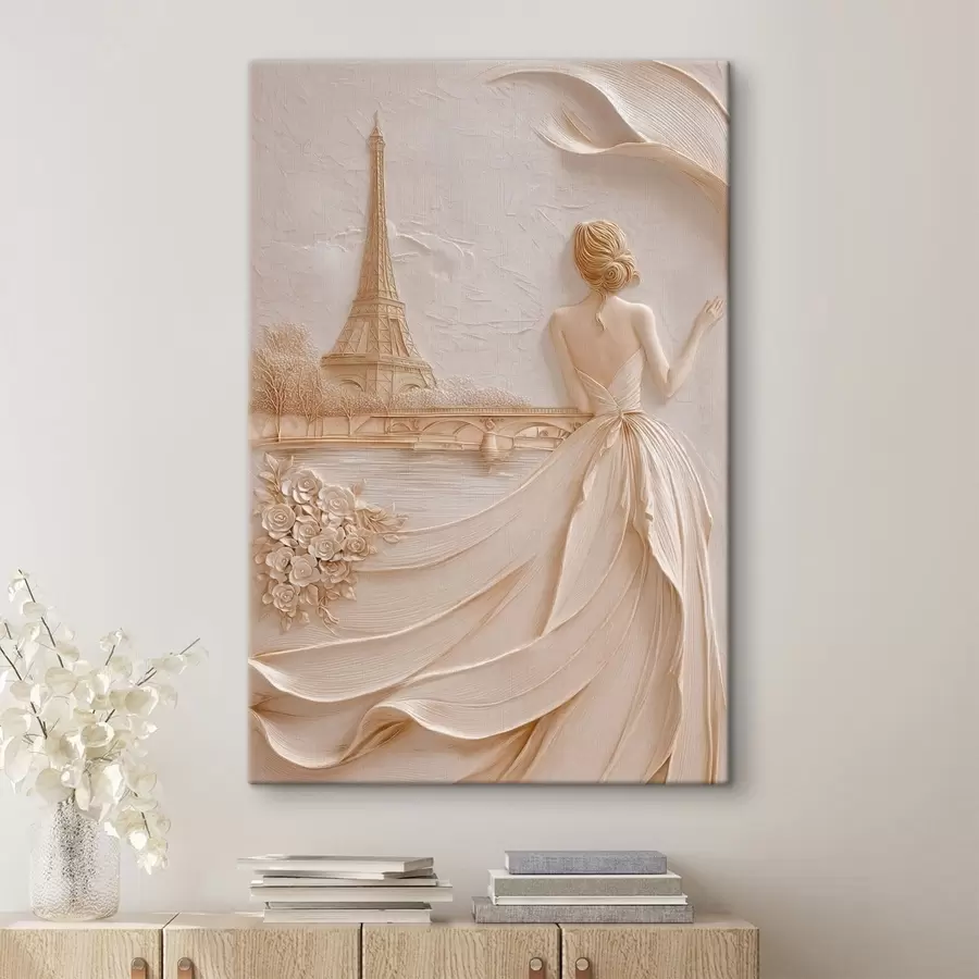 Papier peint Composition représentant une femme près d'une tour célèbre, avec un effet de relief s49985