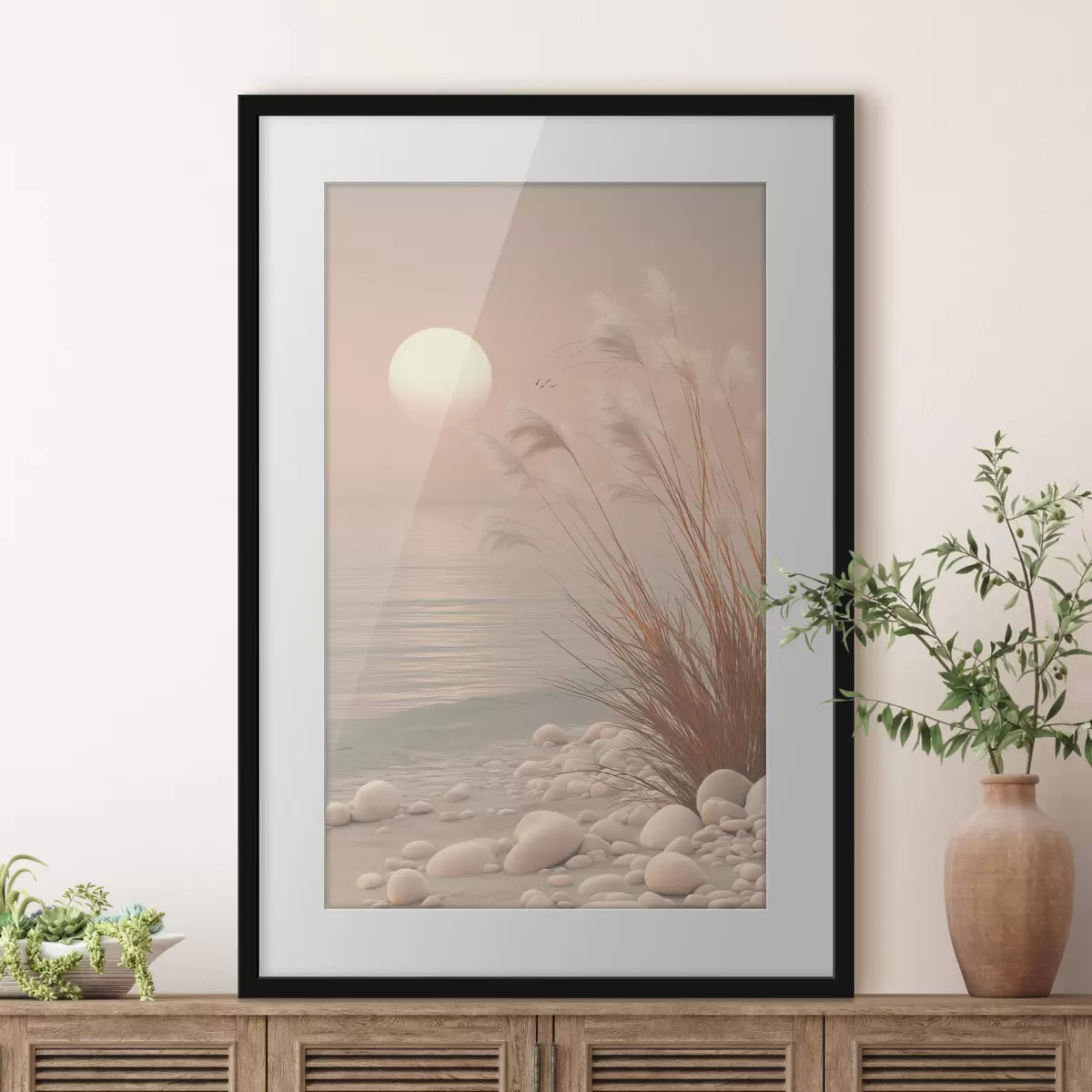 Poster Rive paisible parsemée d'herbes à l'aube f49949