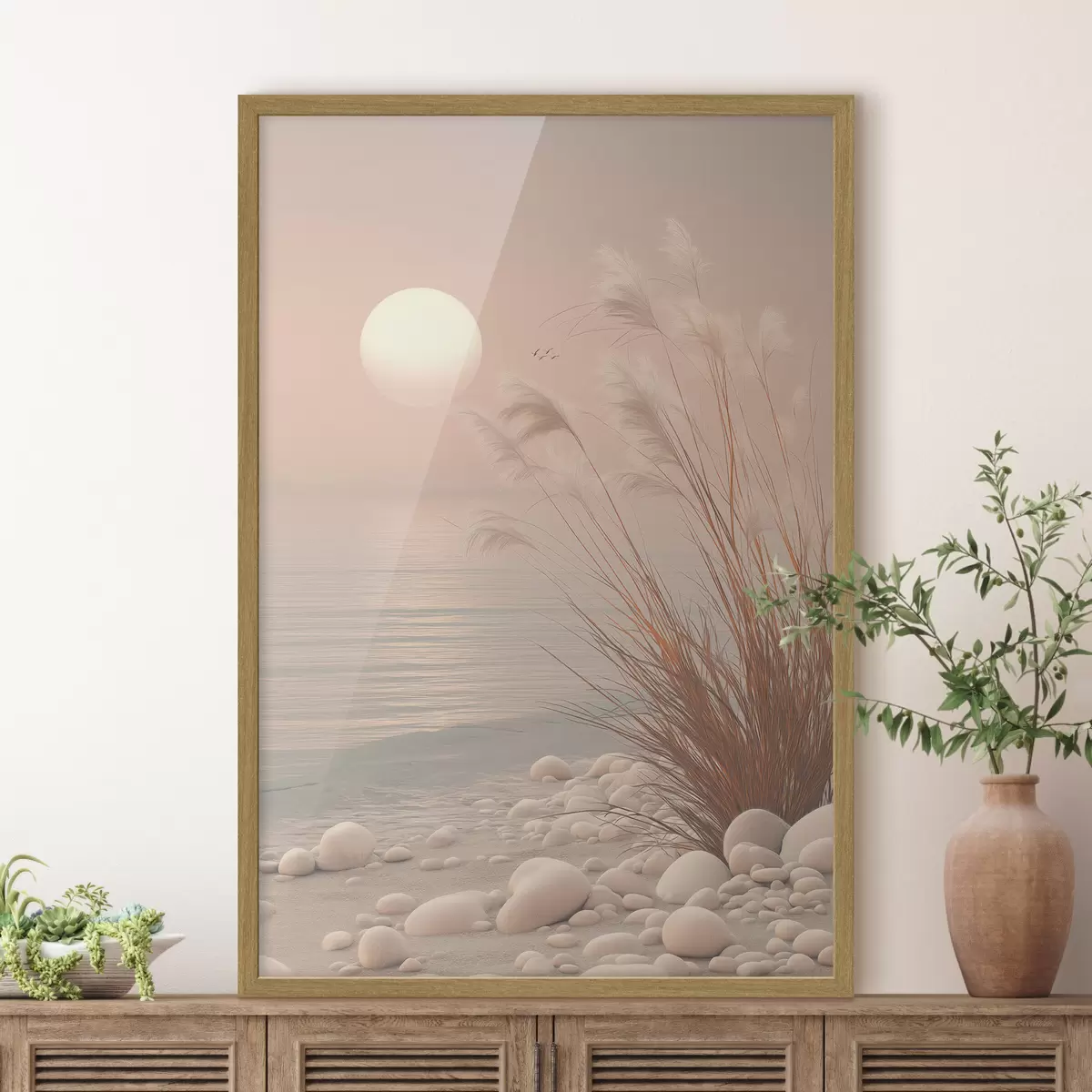 Poster Rive paisible parsemée d'herbes à l'aube f49949