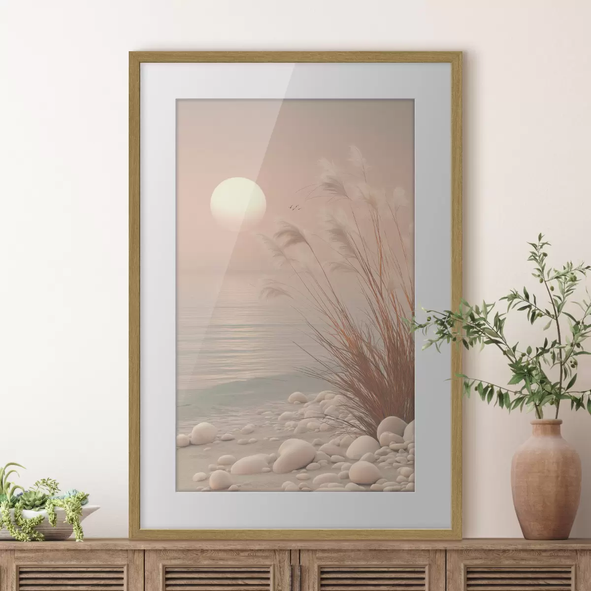 Poster Rive paisible parsemée d'herbes à l'aube f49949