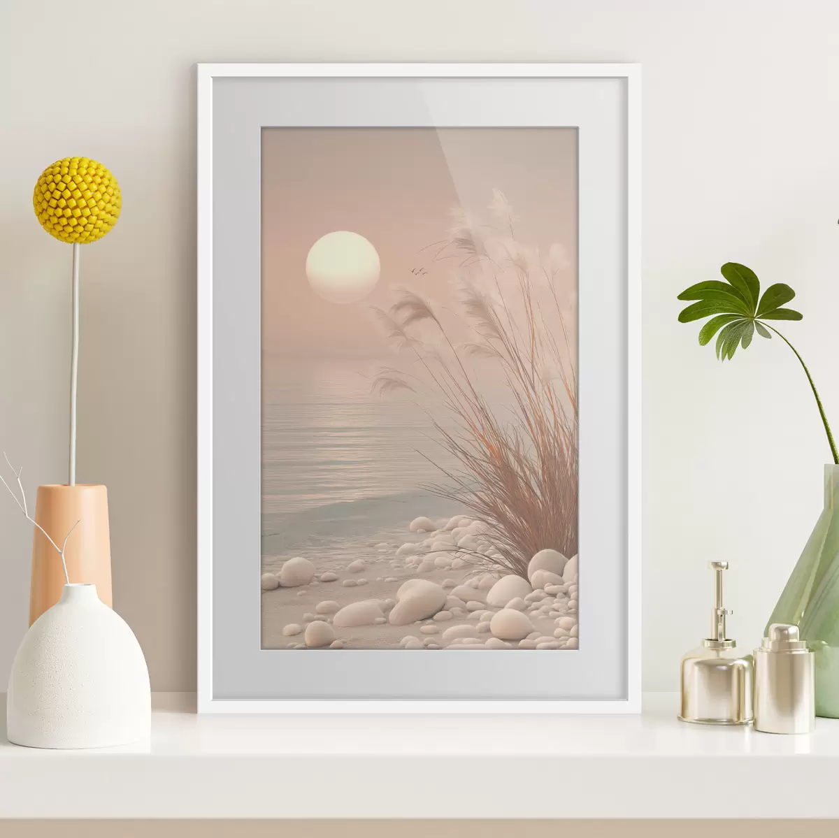 Poster Rive paisible parsemée d'herbes à l'aube f49949
