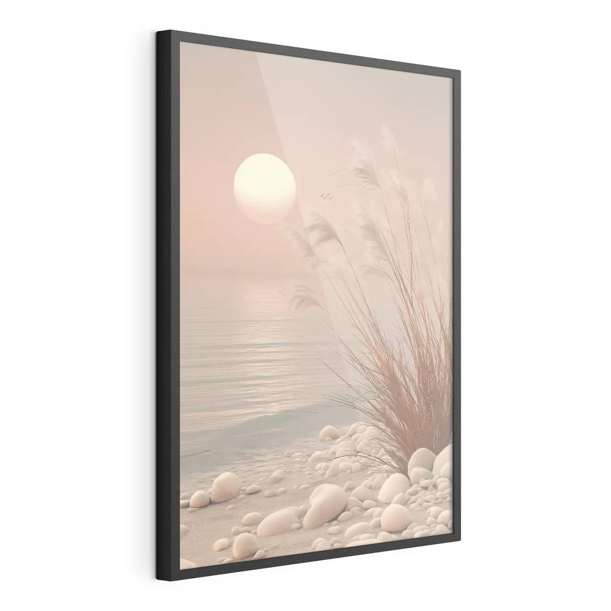 Poster Rive paisible parsemée d'herbes à l'aube f49949
