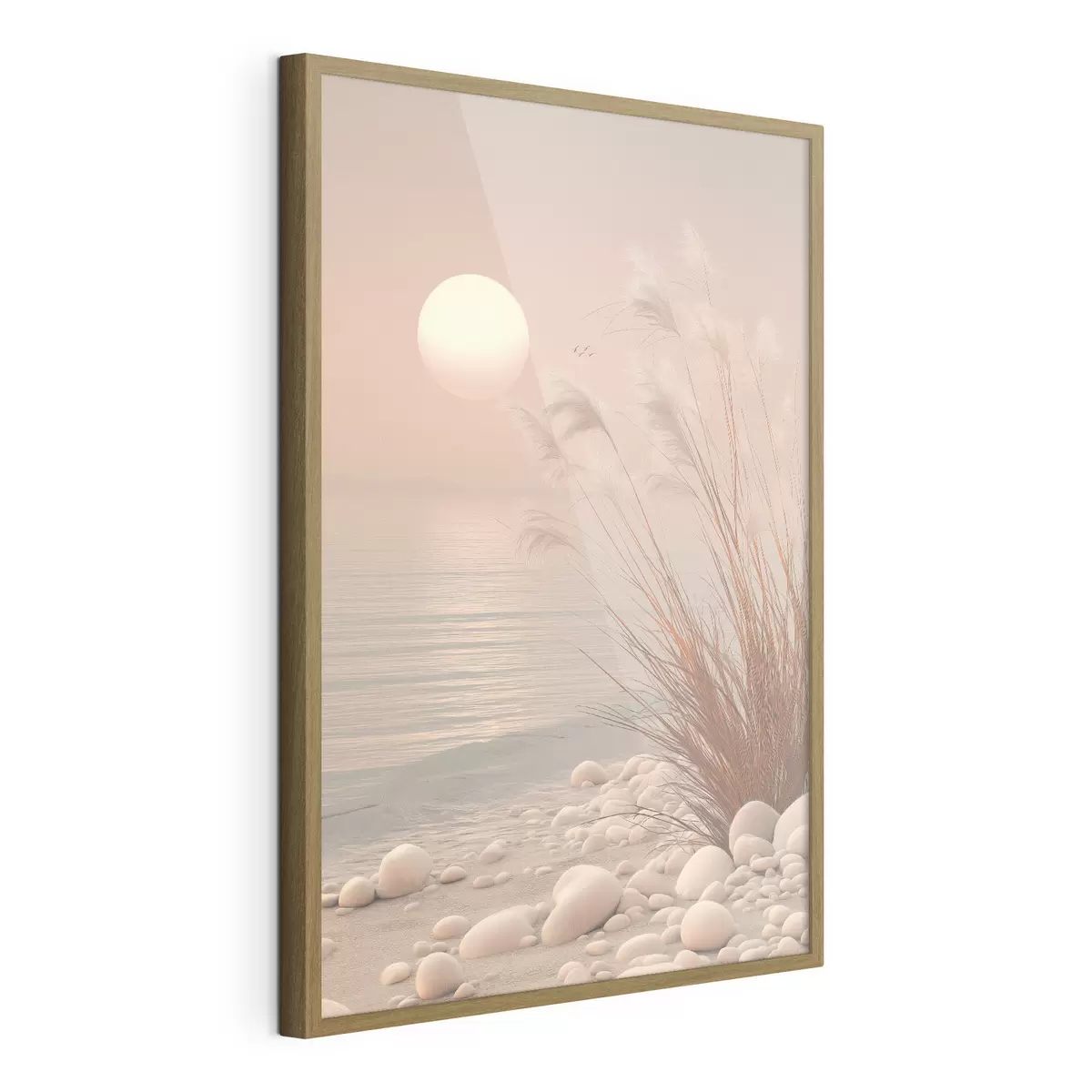 Poster Rive paisible parsemée d'herbes à l'aube f49949