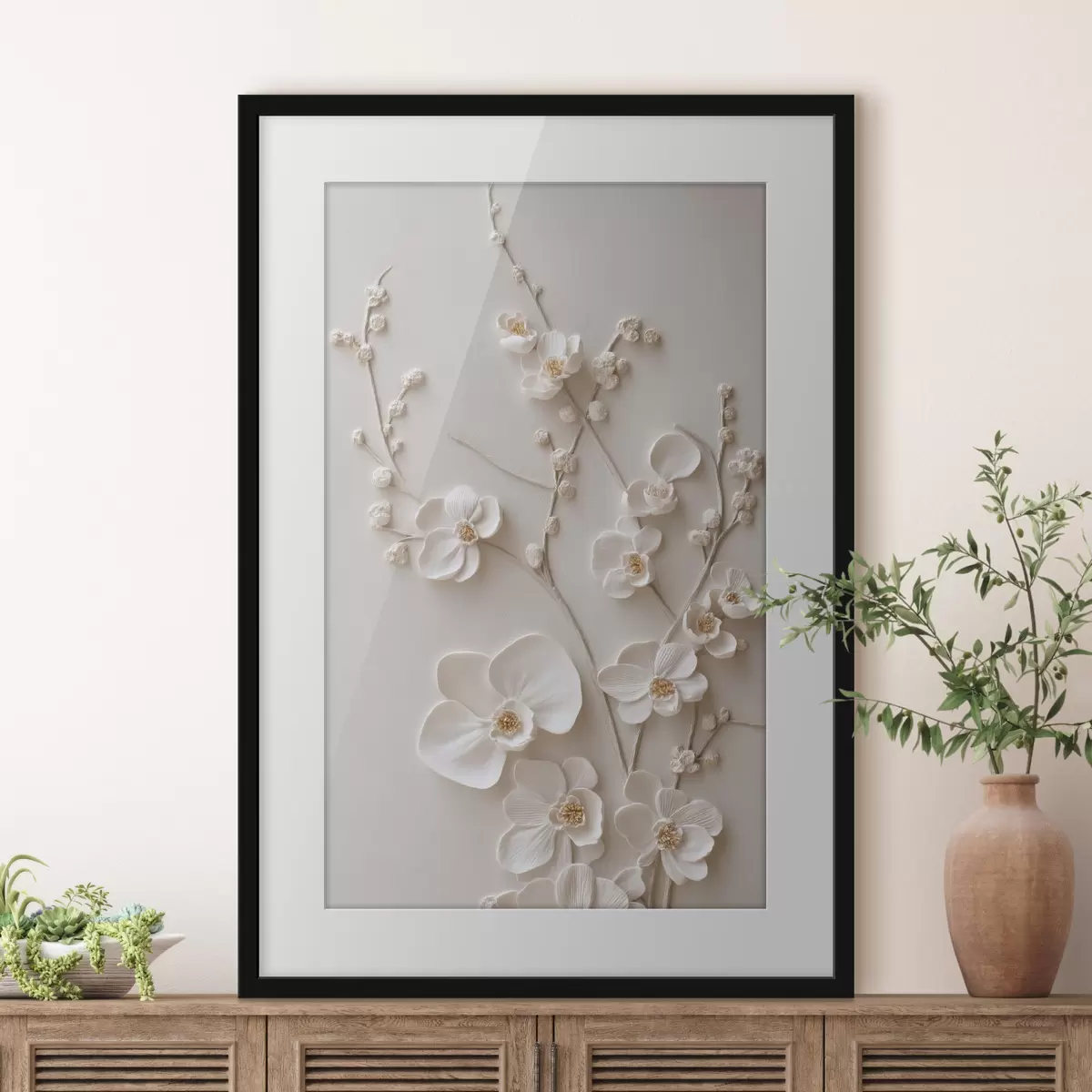 Poster De volumineuses fleurs blanches sur des branches délicates f49957