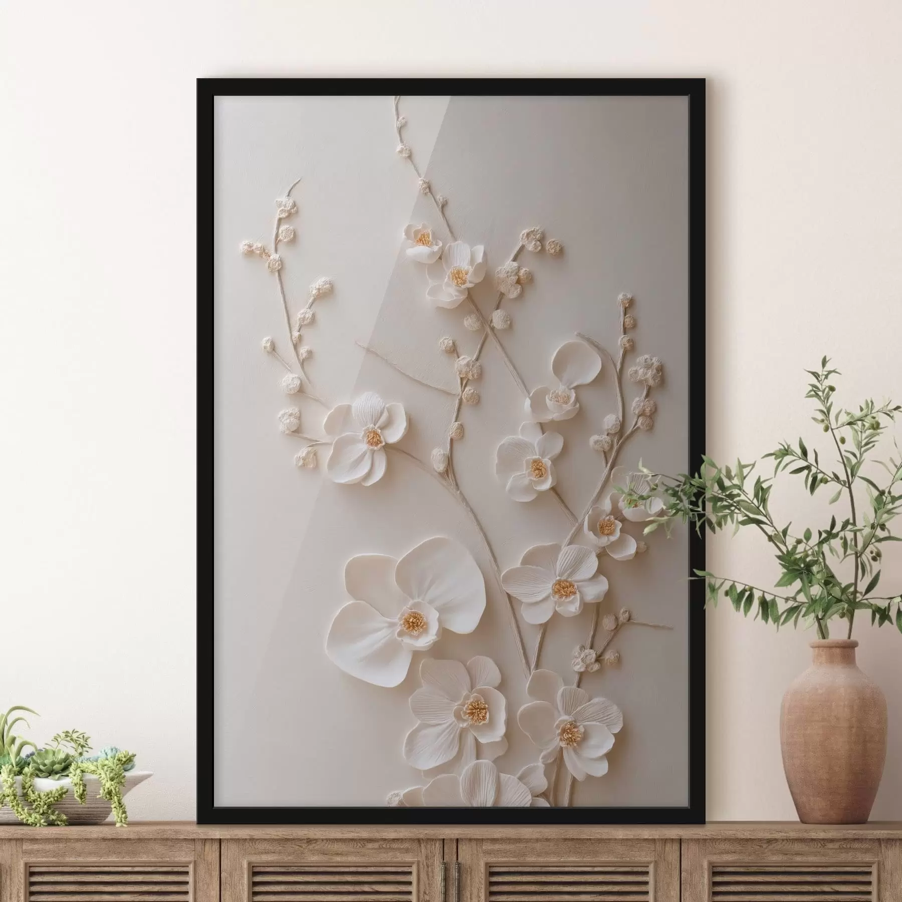 Papier peint De volumineuses fleurs blanches sur des branches délicates f49957