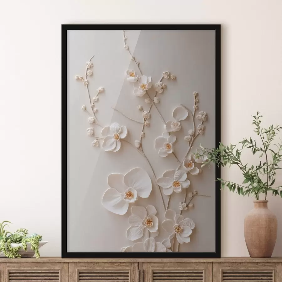 Papier peint De volumineuses fleurs blanches sur des branches délicates f49957