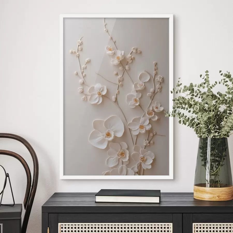 Papier peint De volumineuses fleurs blanches sur des branches délicates f49957