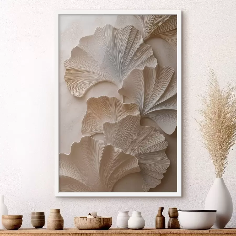 Papier peint Feuilles aux tons neutres et doux, avec un effet de relief f49960