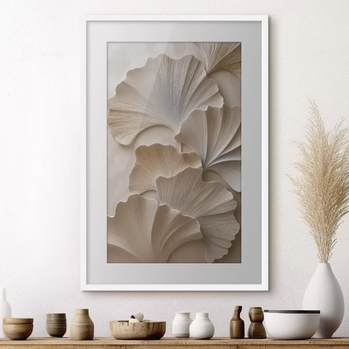 Poster Feuilles aux tons neutres et doux, avec un effet de relief f49960