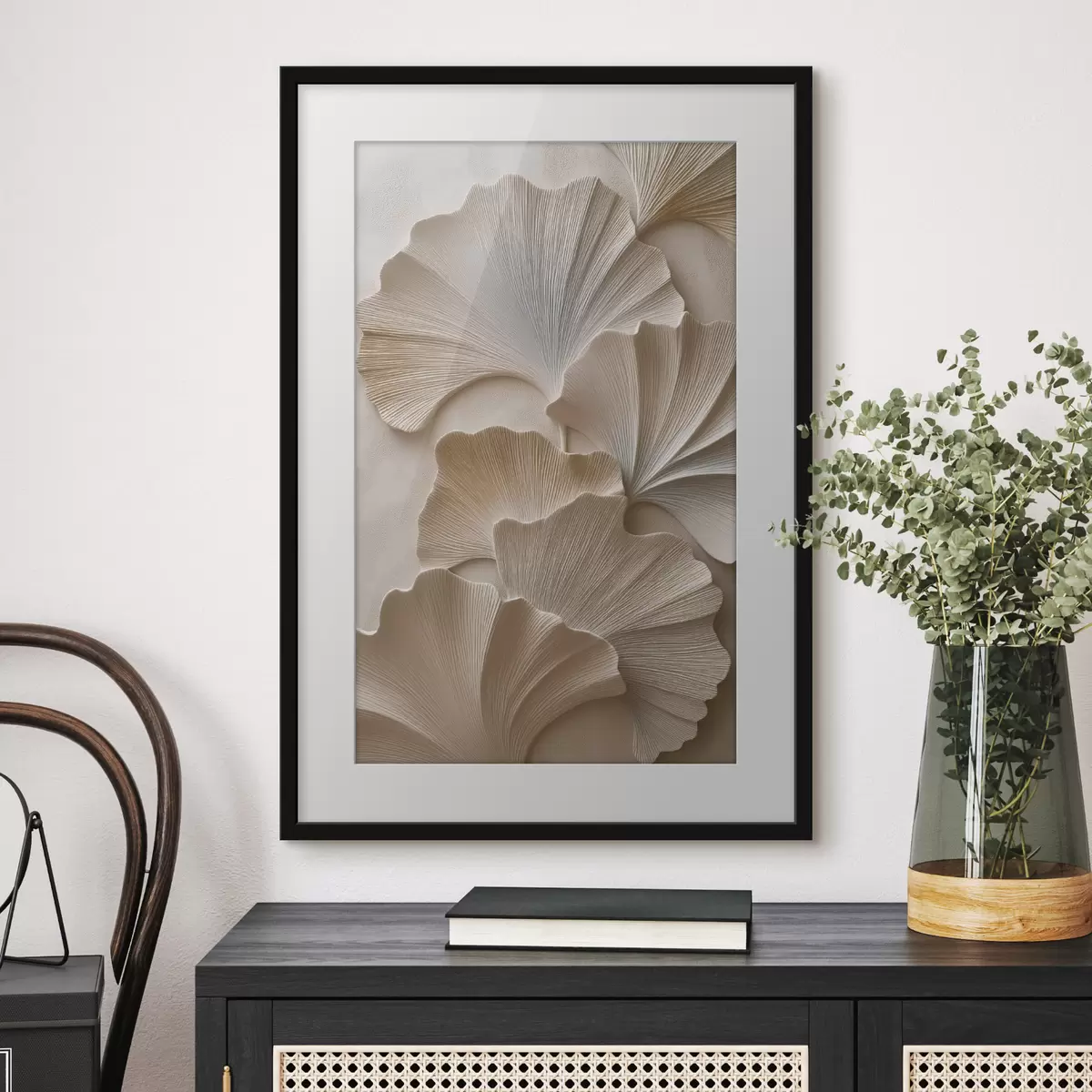 Poster Feuilles aux tons neutres et doux, avec un effet de relief f49960