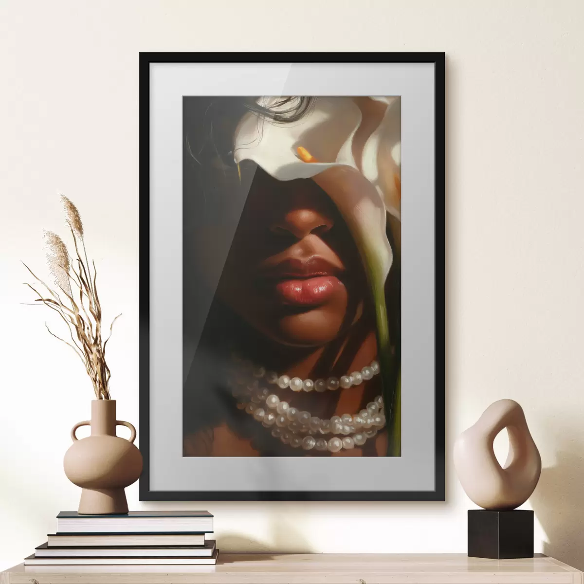 Poster Portrait avec des fleurs blanches et un collier de perles f49978