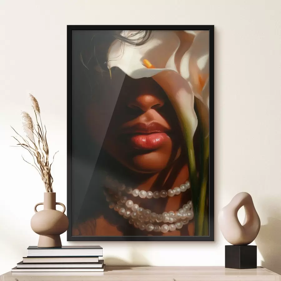 Papier peint Portrait avec des fleurs blanches et un collier de perles f49978