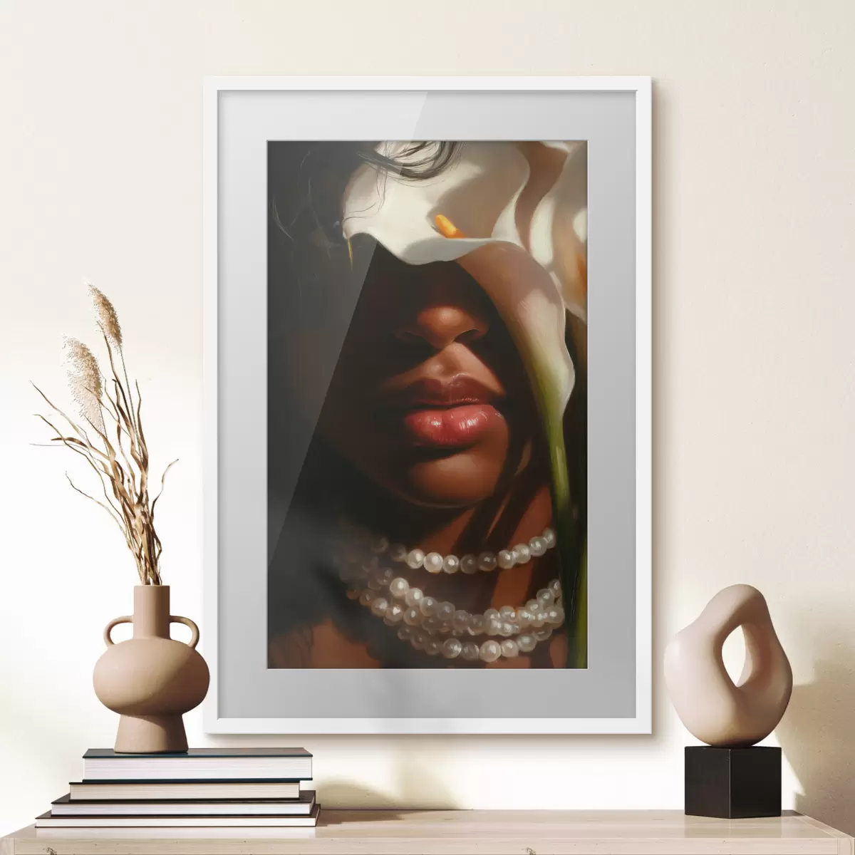 Poster Portrait avec des fleurs blanches et un collier de perles f49978
