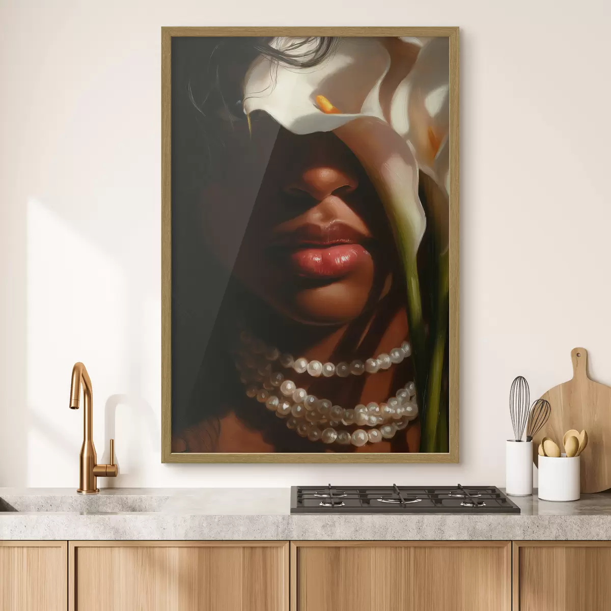 Poster Portrait avec des fleurs blanches et un collier de perles f49978