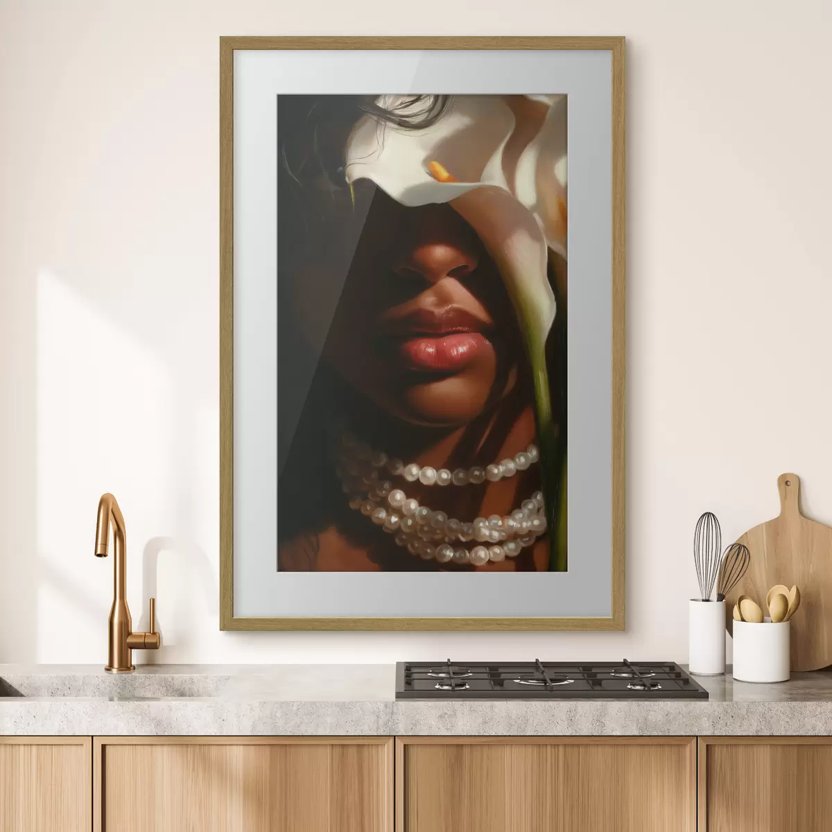 Poster Portrait avec des fleurs blanches et un collier de perles f49978