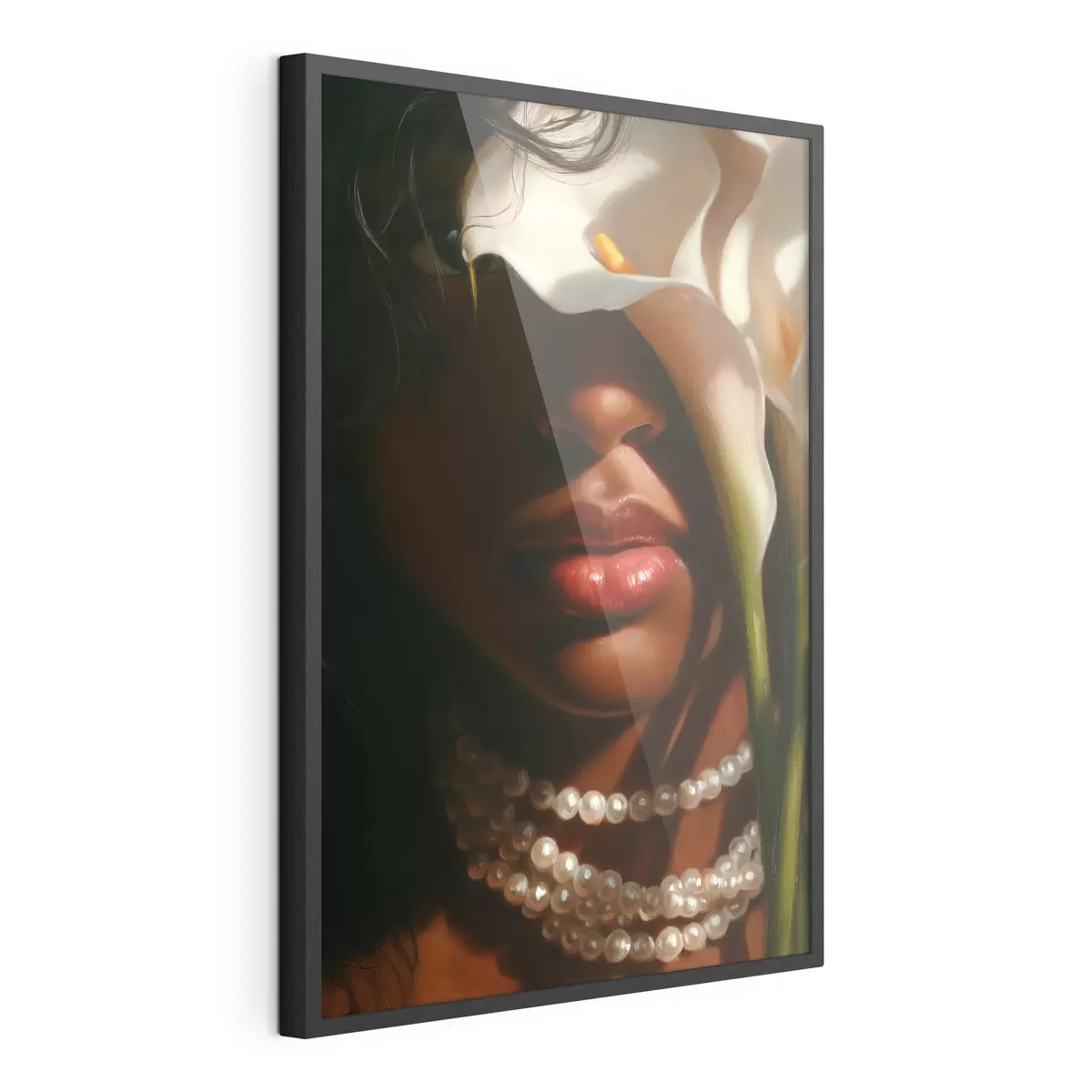 Poster Portrait avec des fleurs blanches et un collier de perles f49978