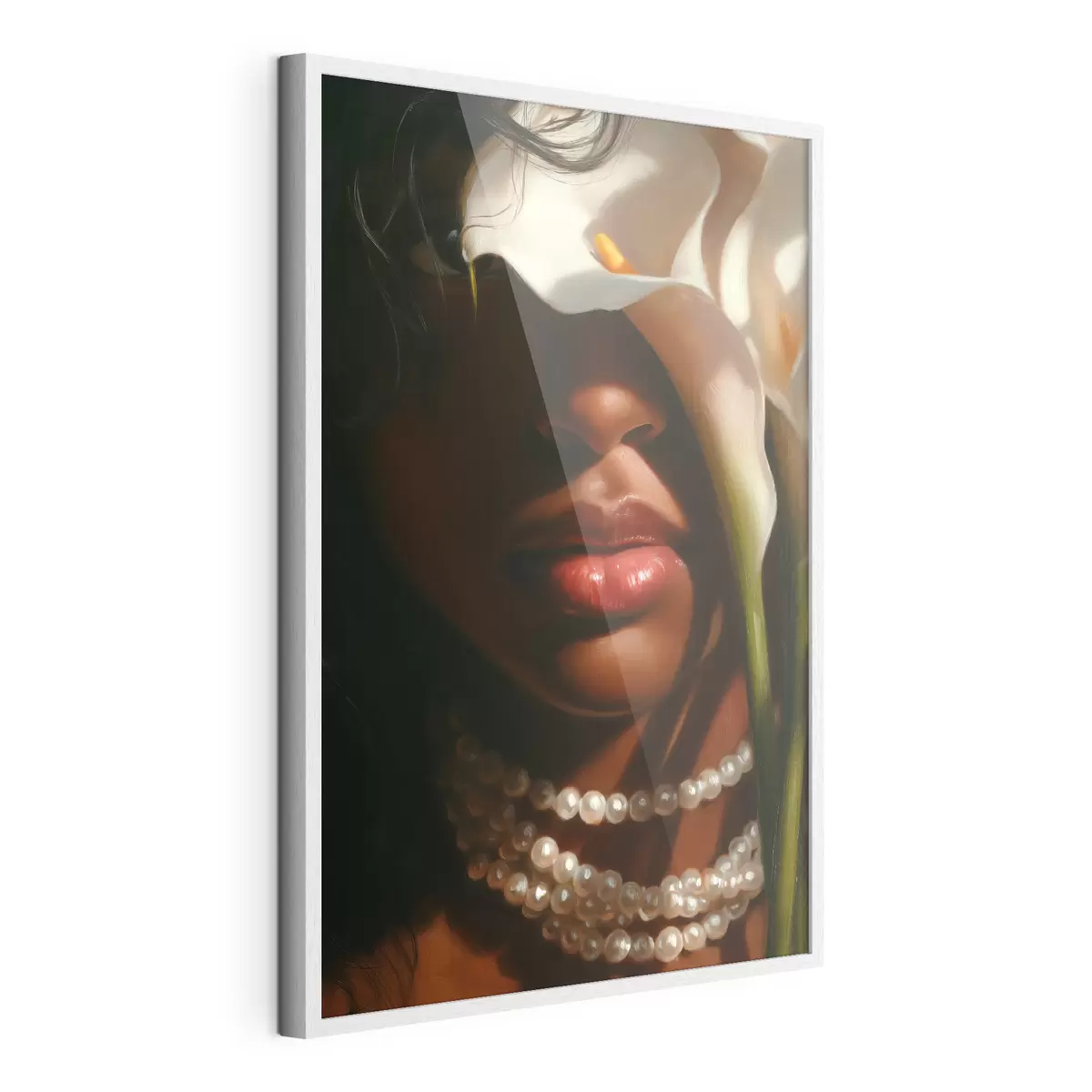 Poster Portrait avec des fleurs blanches et un collier de perles f49978