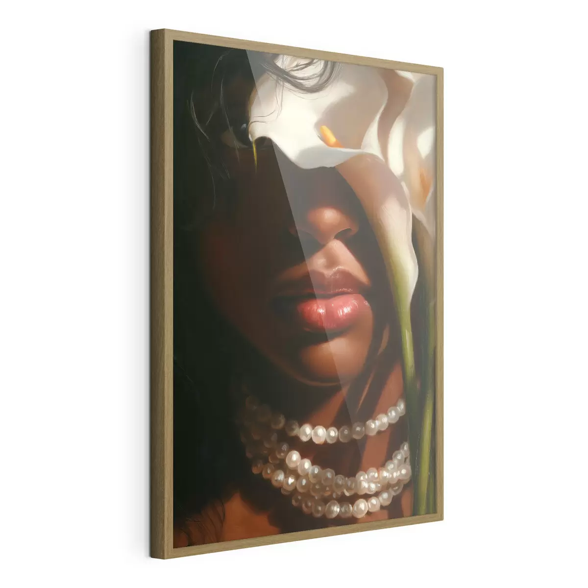 Poster Portrait avec des fleurs blanches et un collier de perles f49978