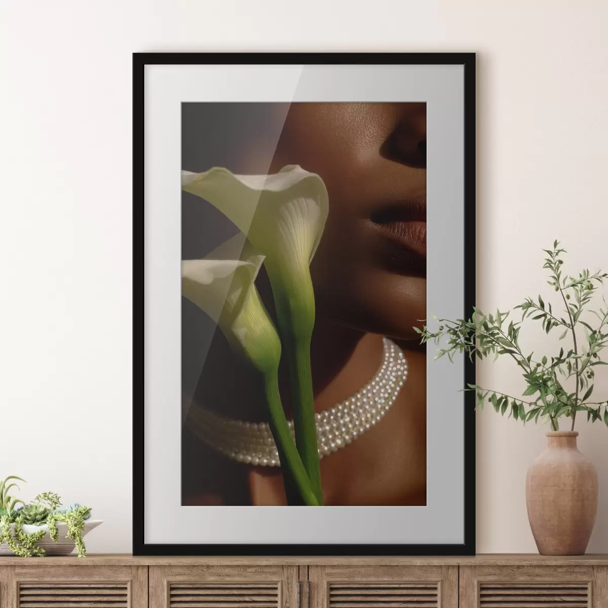 Poster Portrait avec des fleurs blanches dans une lumière douce f49980