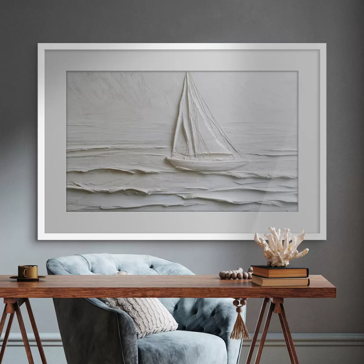 Poster Voilier minimaliste en mer avec effet de relief f49984