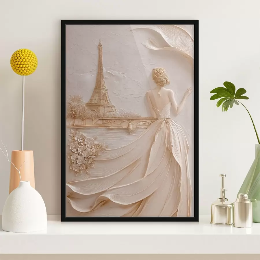 Papier peint Composition représentant une femme près d'une tour célèbre, avec un effet de relief f49985
