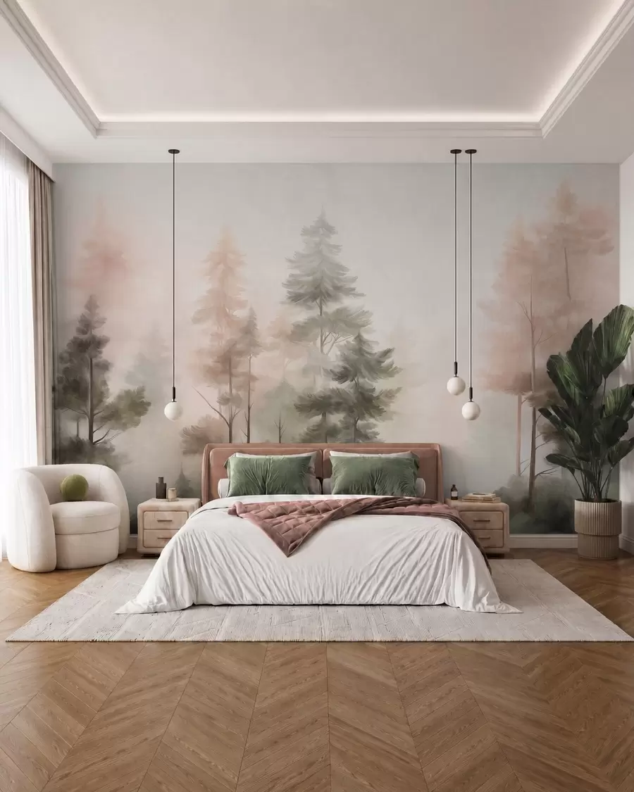 Papier peint Forêt aux textures variées, peuplée de grands pins aux nuances de vert et de rose, enveloppée d'un léger brouillard w09982
