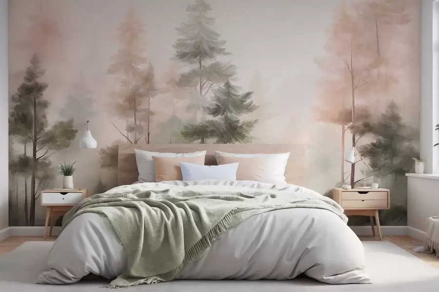 Papier peint Forêt aux textures variées, peuplée de grands pins aux nuances de vert et de rose, enveloppée d'un léger brouillard w09982