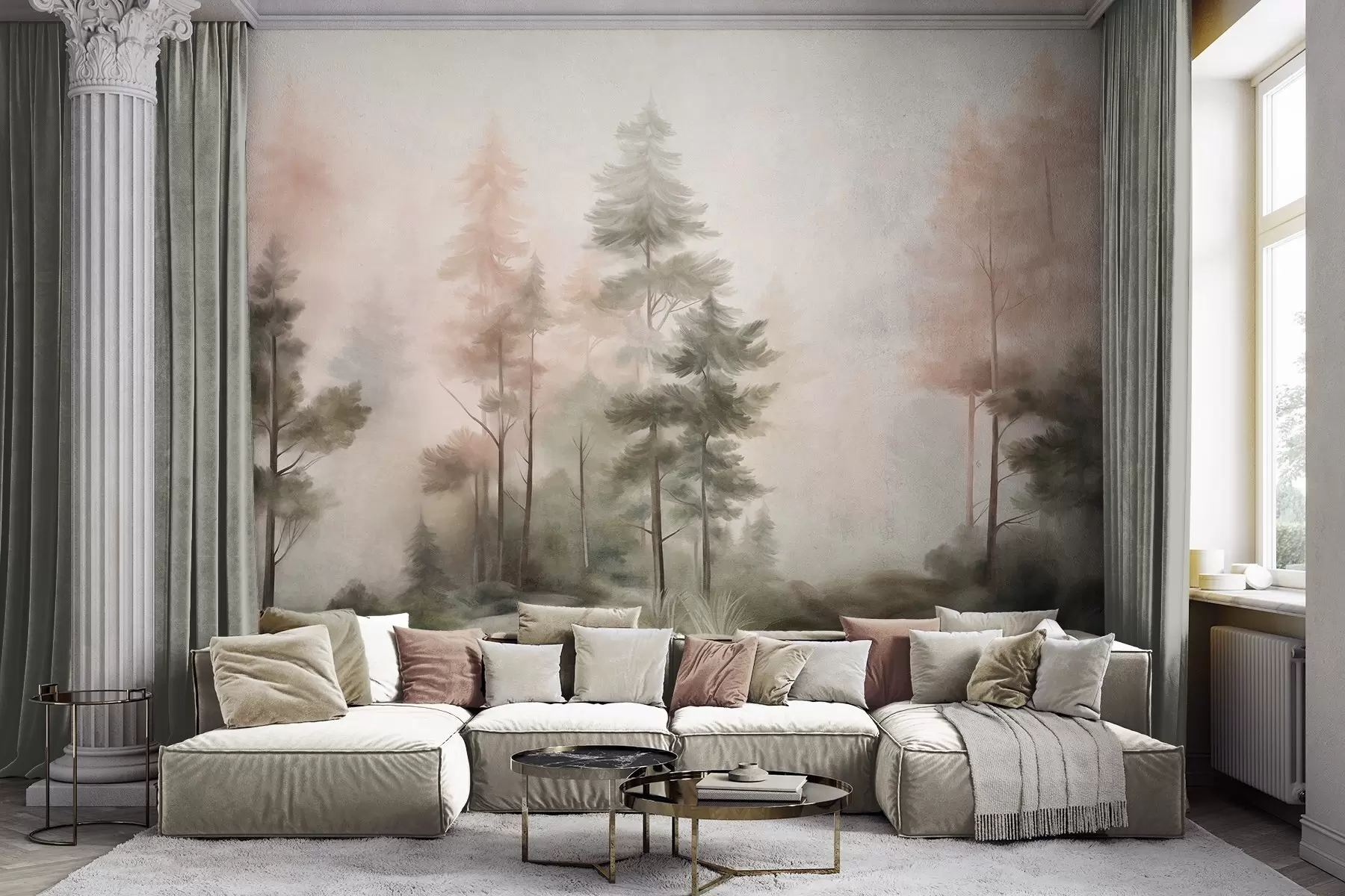 Papier peint Forêt aux textures variées, peuplée de grands pins aux nuances de vert et de rose, enveloppée d'un léger brouillard w09982