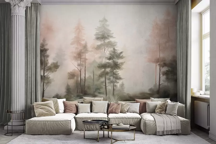 Papier peint Forêt aux textures variées, peuplée de grands pins aux nuances de vert et de rose, enveloppée d'un léger brouillard w09982