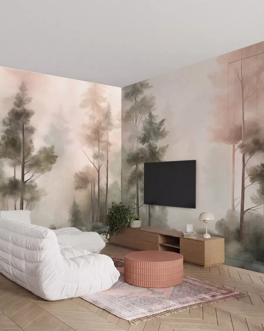 Papier peint Forêt aux textures variées, peuplée de grands pins aux nuances de vert et de rose, enveloppée d'un léger brouillard w09982