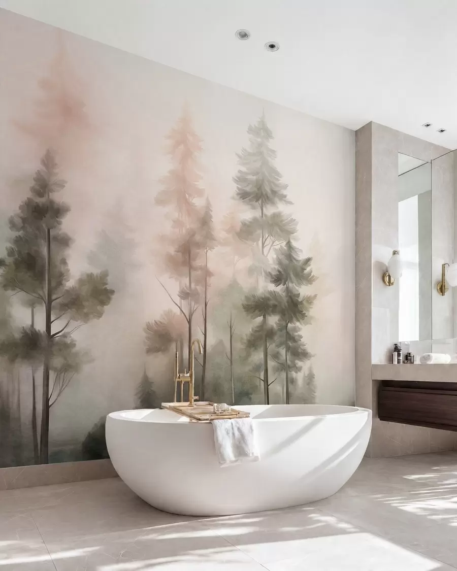Papier peint Forêt aux textures variées, peuplée de grands pins aux nuances de vert et de rose, enveloppée d'un léger brouillard w09982