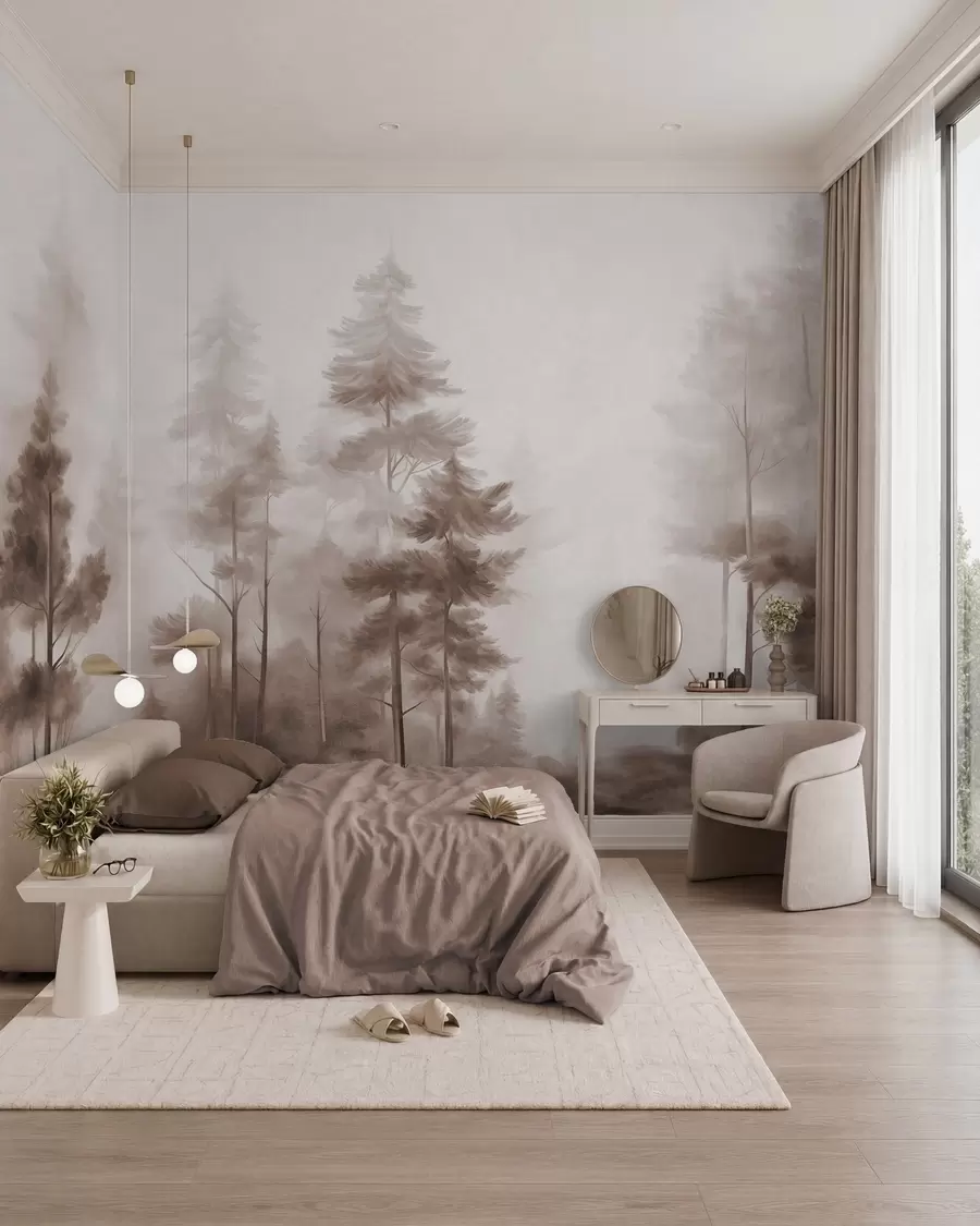 Papier peint Forêt aux textures variées, parsemée de grands pins aux nuances de brun, dans un léger brouillard w09982v1