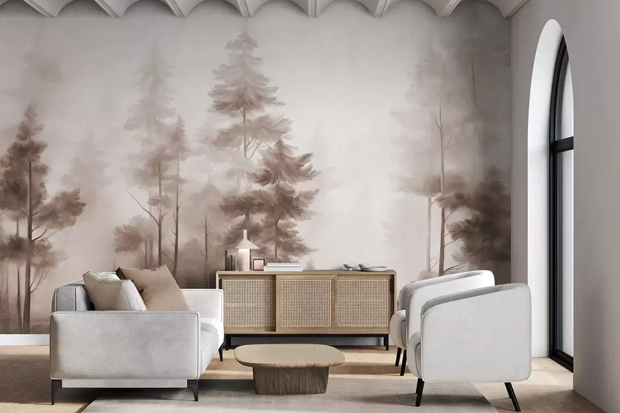 Papier peint Forêt aux textures variées, parsemée de grands pins aux nuances de brun, dans un léger brouillard w09982v1