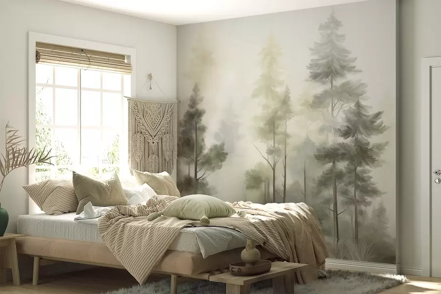 Papier peint Forêt aux textures variées, parsemée de grands pins aux nuances de vert et de jaune, dans laquelle flotte un léger brouillard w09982v2