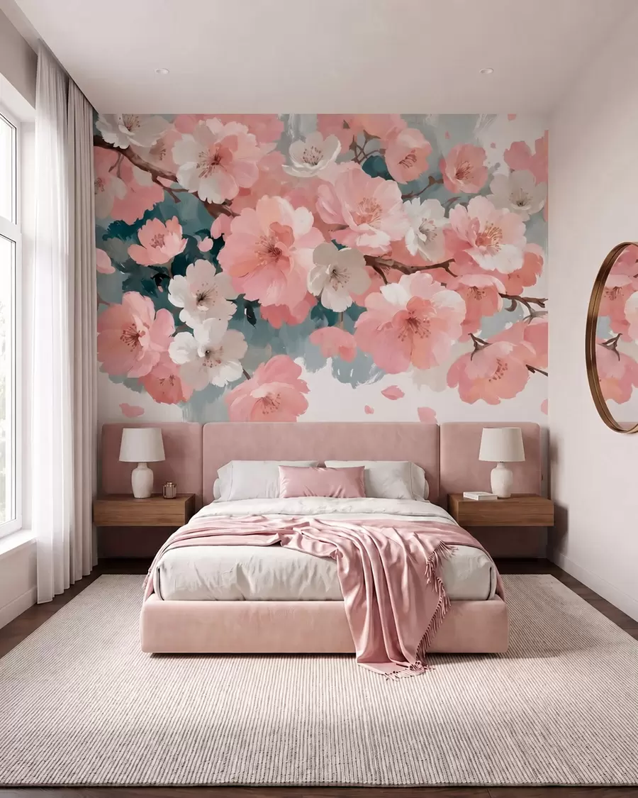 Papier peint Fleurs de cerisier en pleine floraison, roses et blanches, dans un style de peinture à l'huile w09912