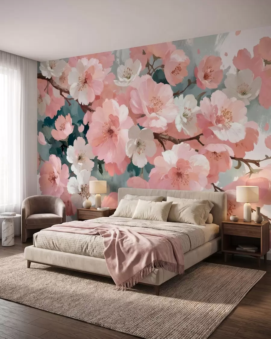 Papier peint Fleurs de cerisier en pleine floraison, roses et blanches, dans un style de peinture à l'huile w09912
