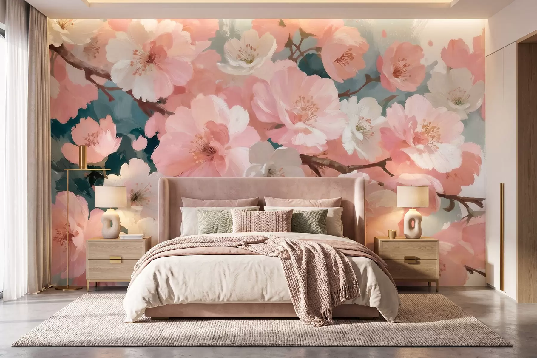 Papier peint Fleurs de cerisier en pleine floraison, roses et blanches, dans un style de peinture à l'huile w09912