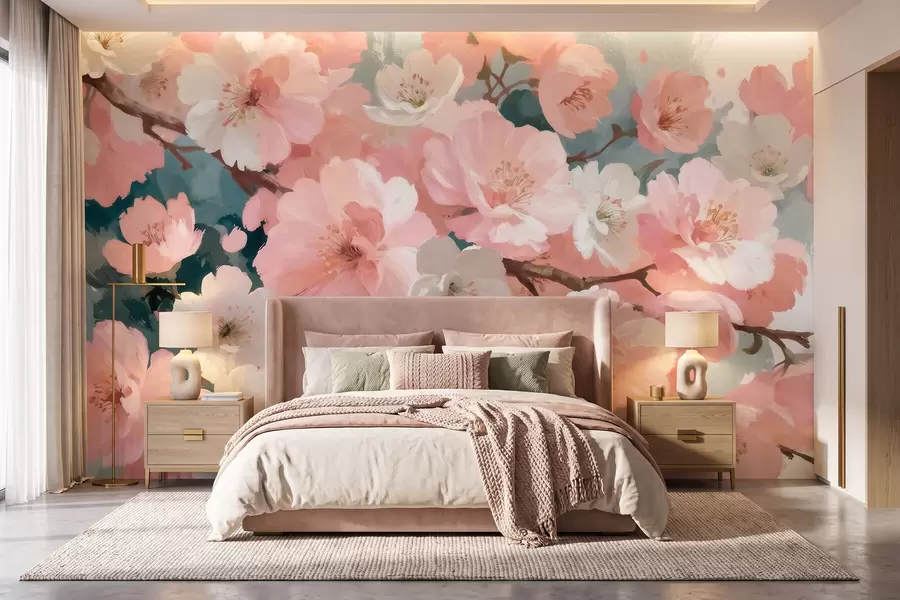 Papier peint Fleurs de cerisier en pleine floraison, roses et blanches, dans un style de peinture à l'huile w09912