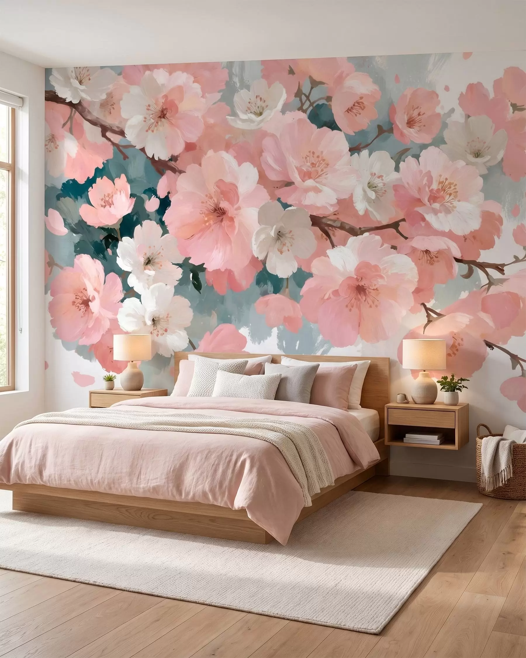 Papier peint Fleurs de cerisier en pleine floraison, roses et blanches, dans un style de peinture à l'huile w09912
