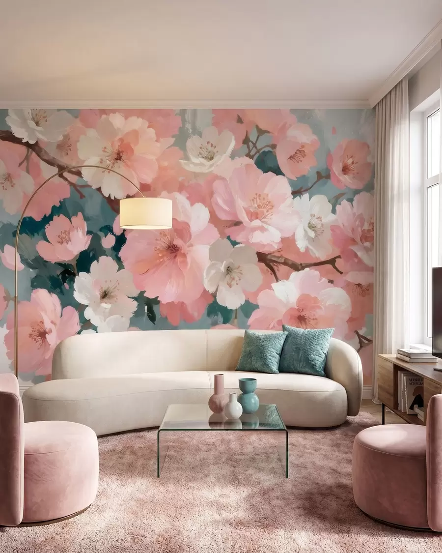 Papier peint Fleurs de cerisier en pleine floraison, roses et blanches, dans un style de peinture à l'huile w09912
