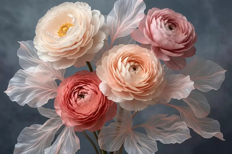 Papier peint Bouquet de pivoines et de renoncules dans des tons pêche et rose sur fond foncé w09926