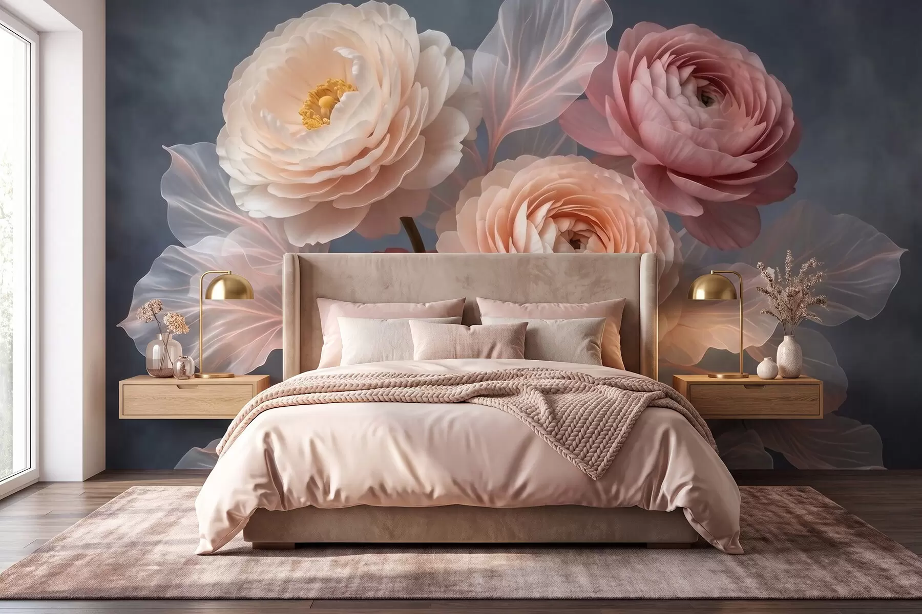 Papier peint Bouquet de pivoines et de renoncules dans des tons pêche et rose sur fond foncé w09926
