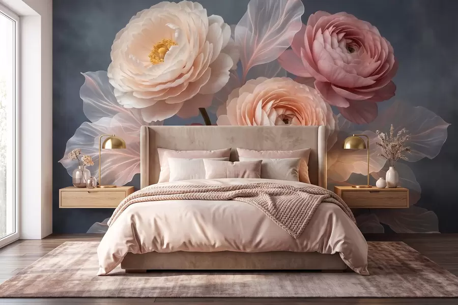Papier peint Bouquet de pivoines et de renoncules dans des tons pêche et rose sur fond foncé w09926
